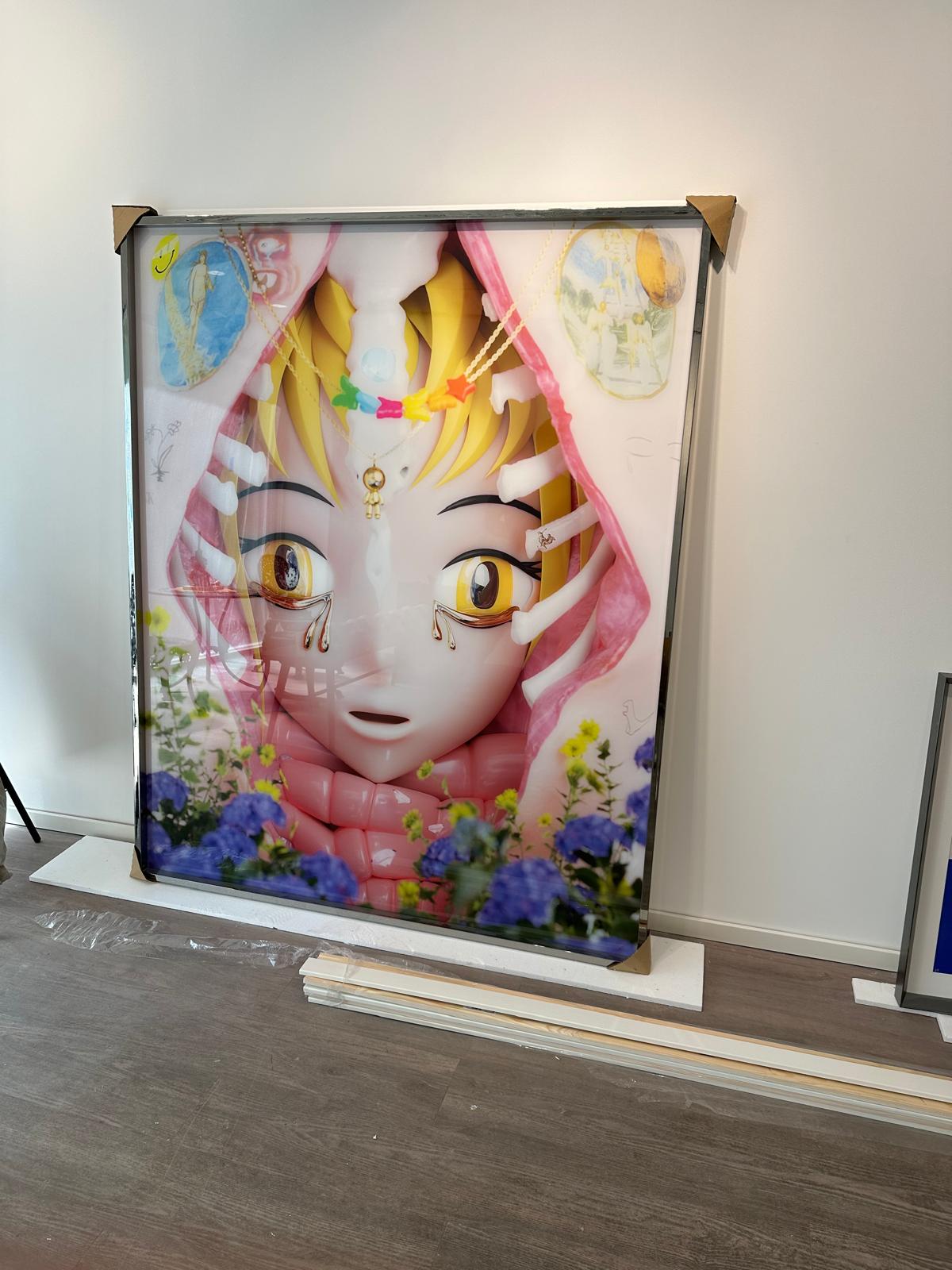 Flesh and Flowers artwork with glossy teeth, flowers and jewellery